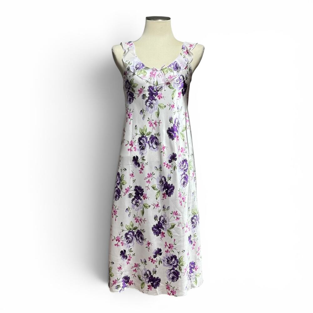 Morgan Taylor Satin Ruffle Nightgown Midi Slip Dress Purple Pink Floral‎ Small